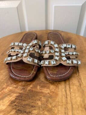 Sam Edelman Tan Slide Sandals with Crystal Embellishments